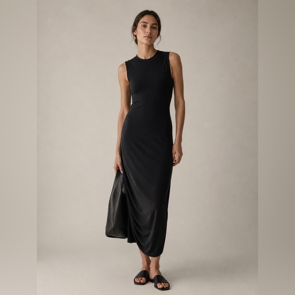 Aritzia Dresses & Skirts - TALULA Aritzia - Black Ruched Midi Dress • Minimalist Stretch Bodycon